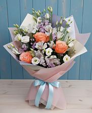 Букет цветов из:  Лизиантусы, Розы, Альстромерии и Гипсофила в Донское Калининградской области